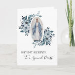 Priest Birthday | Blessed Virgin Mother Mary Card<br><div class="desc">This is a lovely traditional image of the Blessed Virgin Mother Mary holding a pink rose.  The blue floral sprays are on each side of her.  Text and fonts may be modified.</div>