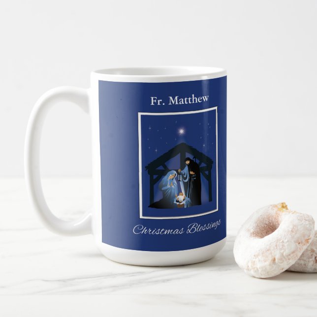 Priest Christmas Blessings, Nativity Scene on Blue Coffee Mug (With Donut)