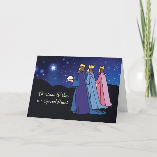 Priest Christmas Wishes Three Kings at Night Holiday Card (Front)