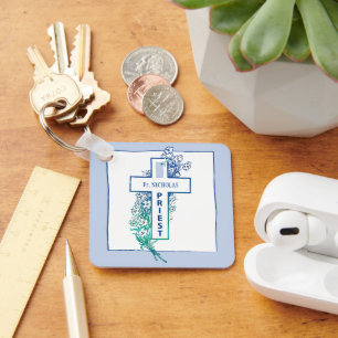 Priest Cross Flowers Personalised Key Ring