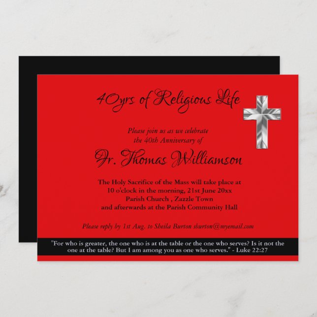 Priest Deacon 40th Ordination Anniversary Ruby Invitation (Front/Back)
