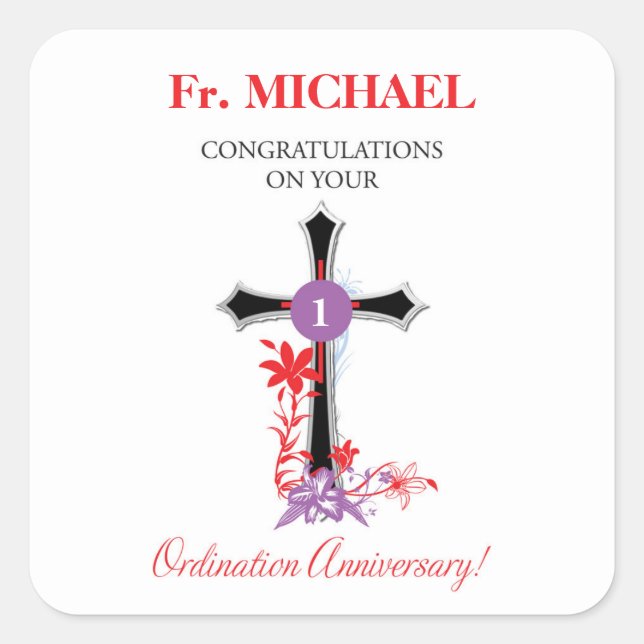 Priest Ordination Anniversary Black Cross Square Sticker (Front)