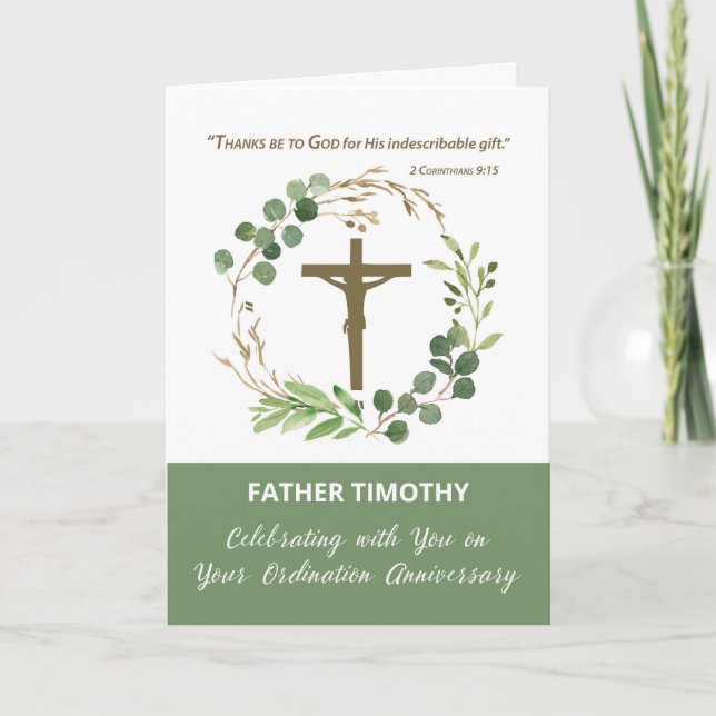 Priest Ordination Anniversary Greenery Wreath Card (Front)