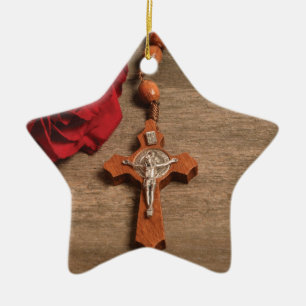 Priest Ordination Anniversary Red Rose and Rosary Ceramic Ornament
