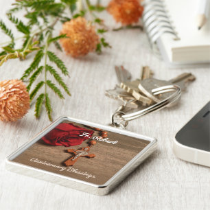 Priest Ordination Anniversary Red Rose and Rosary Key Ring