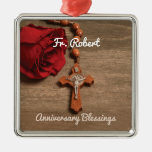 Priest Ordination Anniversary Red Rose and Rosary Metal Ornament