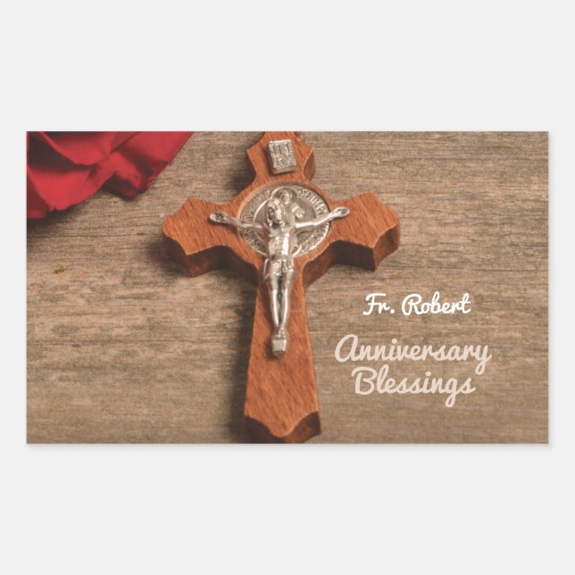 Priest Ordination Anniversary Red Rose and Rosary Rectangular Sticker (Front)