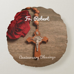 Priest Ordination Anniversary Red Rose and Rosary Round Cushion
