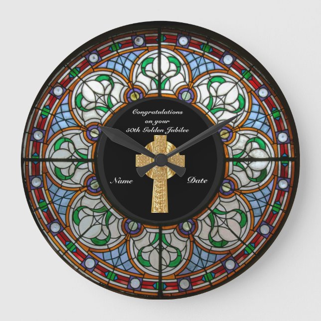 Priest Ordination Anniversary Stained Glass Cross Large Clock (Front)