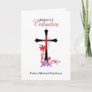 Priest Ordination Black Cross with Red Swirls Card
