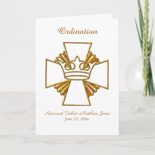Priest Ordination Invitation Gold Crown and Cross (Front)