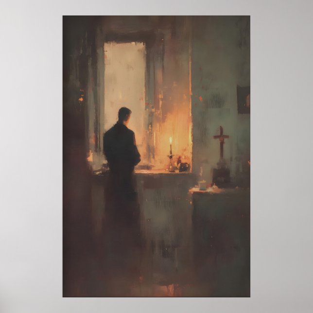 Priest Praying By Candlelight, Christian Wall Art (Front)