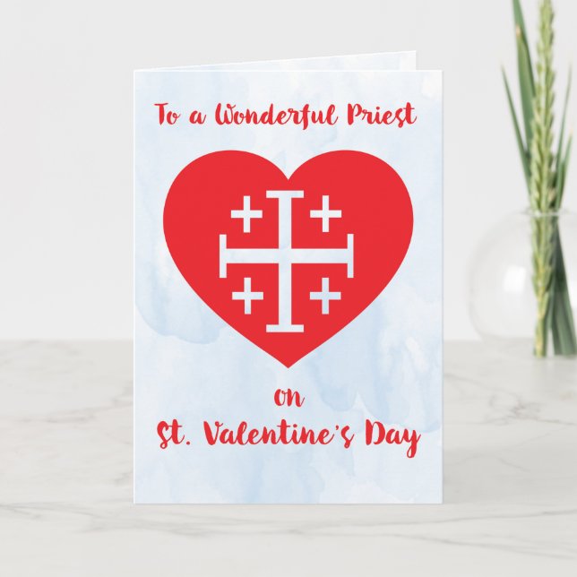 Priest St. Valentine's Day Cross on Red Heart Holiday Card (Front)