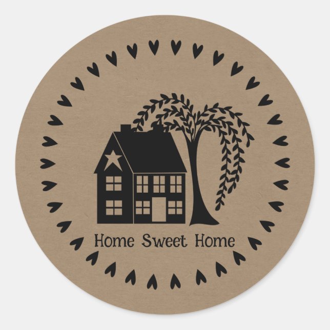 Prim House Hearts and Tree Home Sweet Home Classic Round Sticker (Front)