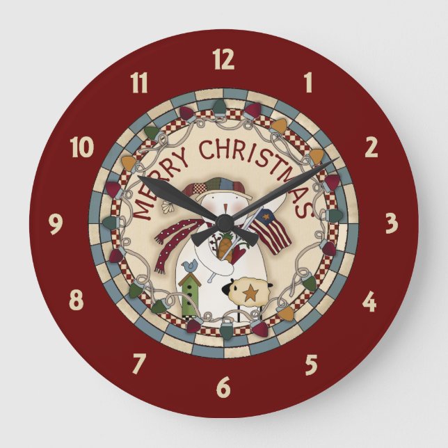Prim Merry Christmas Snowmen Large Clock (Front)