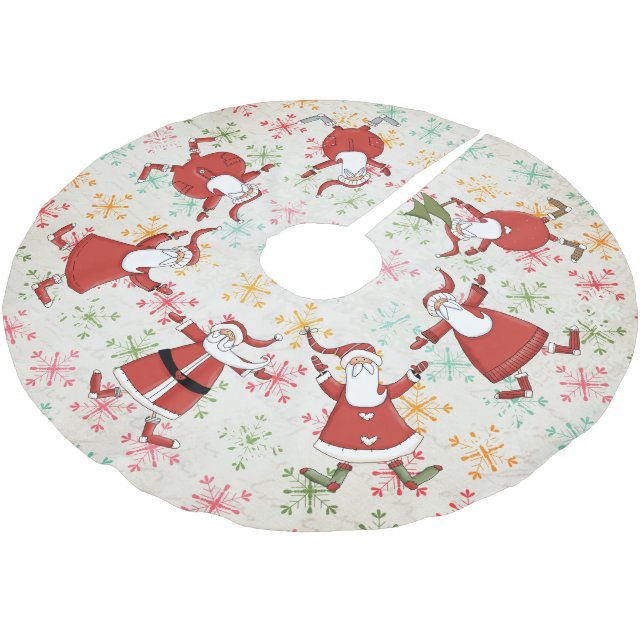 Prim Santas on Colourful Snowflakes Tree Skirt (Angled)