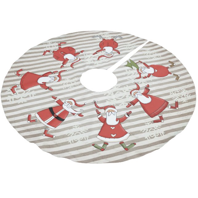 Prim Santas on Grey Stripe Holiday Tree Skirt (Angled)