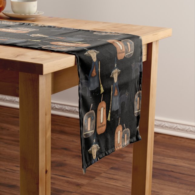 Prim Witch, Cat and Pumpkins | Halloween Short Table Runner (In Situ)