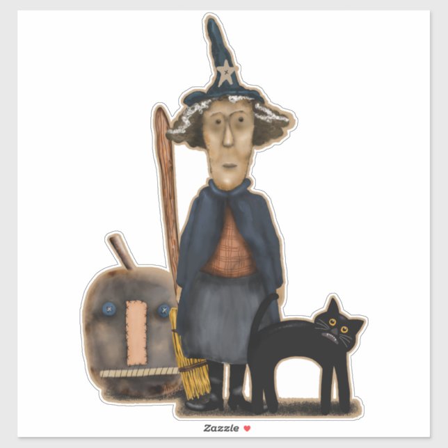 Prim Witch with Broom Pumpkin Cat Cute Halloween (Sheet)