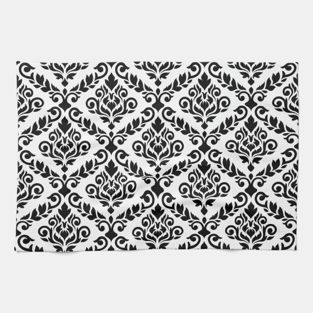 Prima Damask Big Ptn Black on White Tea Towel (Horizontal)