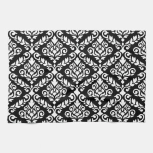 Prima Damask Big Ptn White on Black Tea Towel