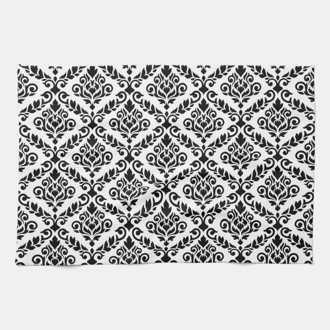 Prima Damask Pattern Black on White Tea Towel (Horizontal)