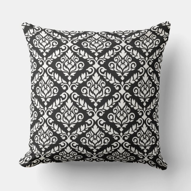 Prima Damask Pattern White on Black Outdoor Cushion (Front)