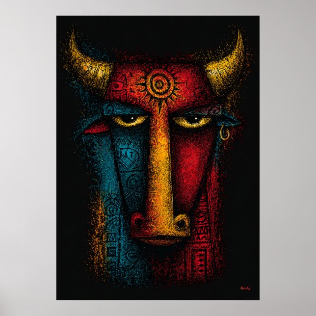 Primal Bull Totem Abstract Art – Expressionist Poster (Front)