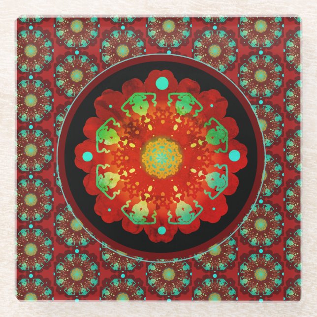 Primal Rhythms Mandala Pattern Glass Coaster (Front)
