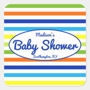 Primary Blue Modern Summer Stripes Baby Shower Square Sticker
