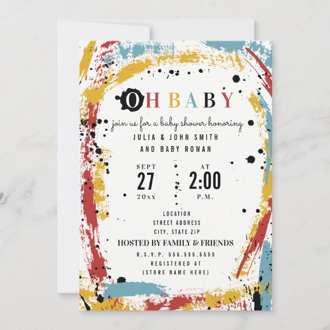 Primary Brushstroke Abstract Unisex Oh Baby Shower Invitation (Front)