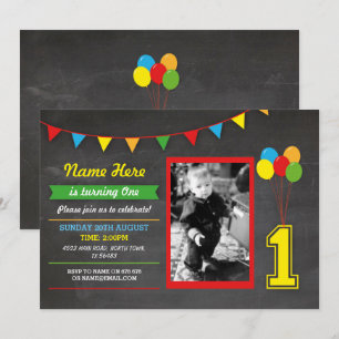 Primary Colour Birthday Girls Boys 1st One Photo Invitation