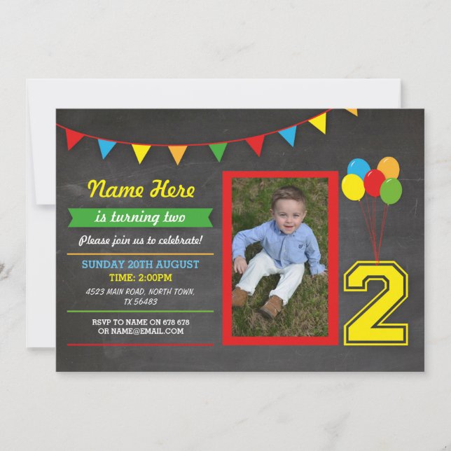 Primary Colour Birthday Girls Boys 2nd Two Photo Invitation (Front)
