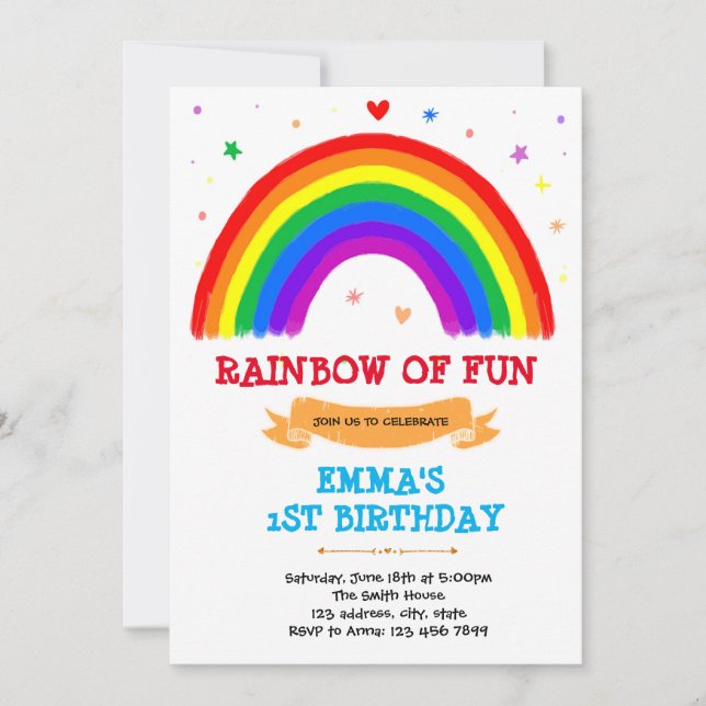 Primary colour rainbow birthday invitation (Front)
