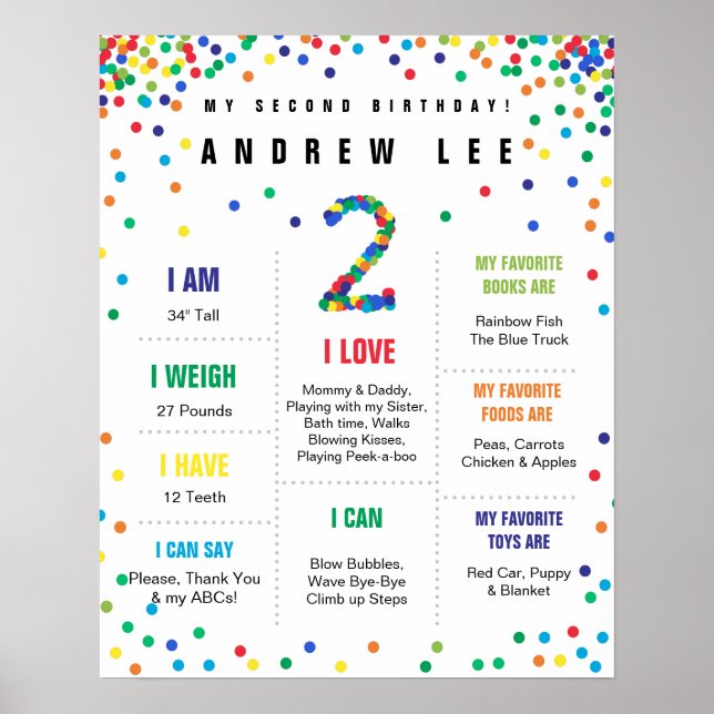 Primary Colours Confetti boy second birthday Poster (Front)