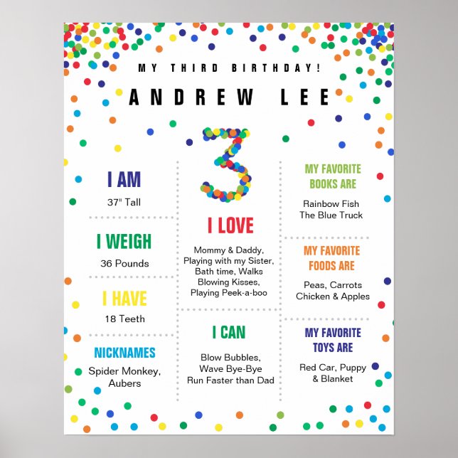 Primary Colours Confetti boy third birthday poster (Front)