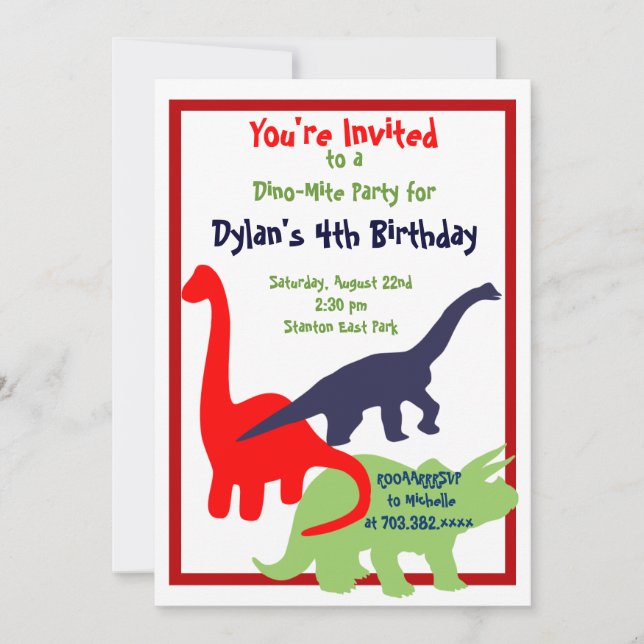 Primary Colours Dinosaur Birthday Party Invitation (Front)