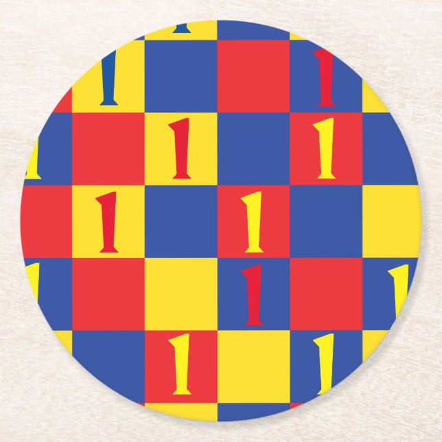 Primary Colours Kid's Birthday Party Round Paper Coaster (Front)