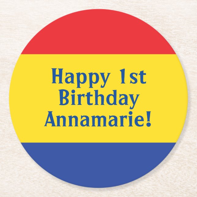 Primary Colours Kid's Birthday Party Round Paper Coaster (Front)