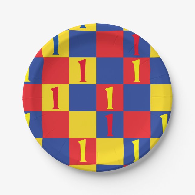 Primary Colours Red Yellow Blue 1st Birthday Party Paper Plate (Front)