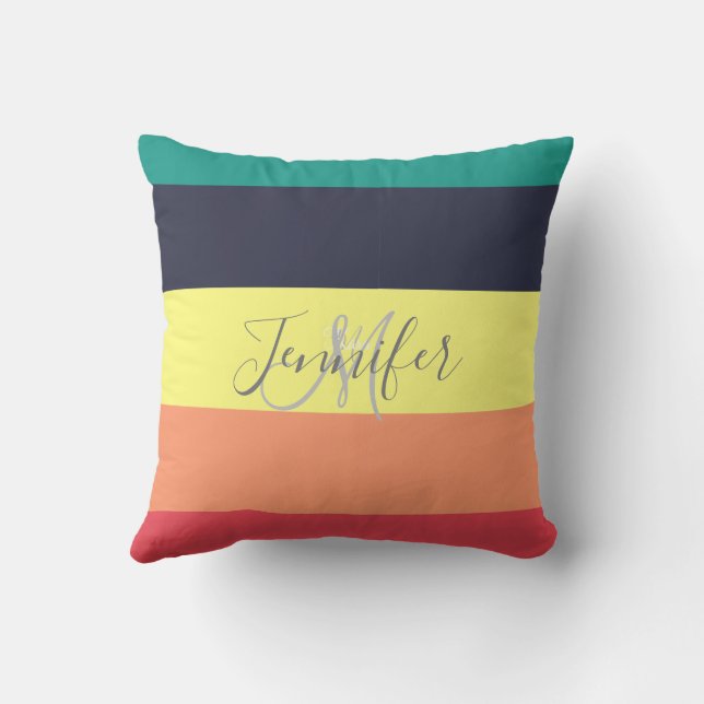 Primary Rainbow Colour Block Stripe Monogram Name Cushion (Back)