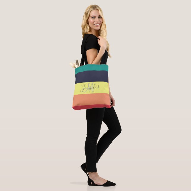 Primary Rainbow Colour Block Stripe Monogram Name Tote Bag (On Model)
