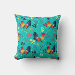 Primary Rooster Tropical Farm in Teal Cushion