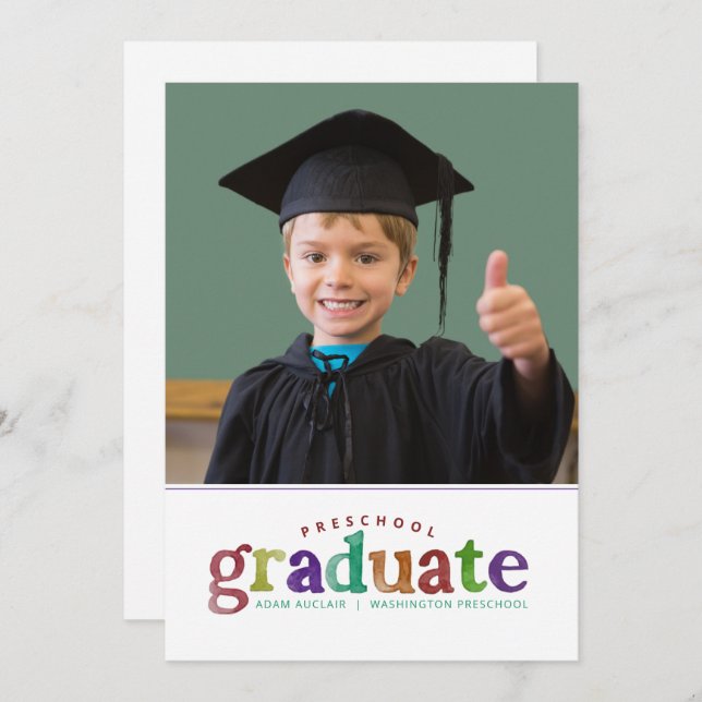 Primary Watercolor painted preschool Graduate  Invitation (Front/Back)