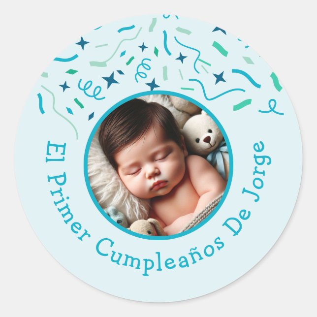Primer Cumpleaños de Bebé Fiesta Infantil Con Foto Classic Round Sticker (Front)