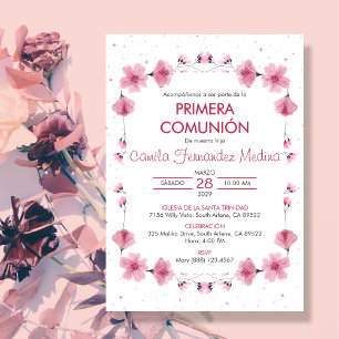 Primera Communion Pink Flowers First Communion Invitation