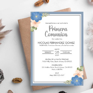 Primera Comunion Blue Flowers  First Communion Invitation