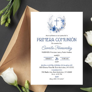 Primera Comunion Blue Flowers First Holy Communion Invitation