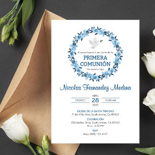 Primera Comunion Blue Flowers First Holy Communion Invitation