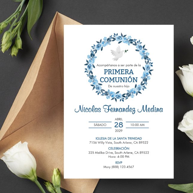 Primera Comunion Blue Flowers First Holy Communion Invitation (Creator Uploaded)